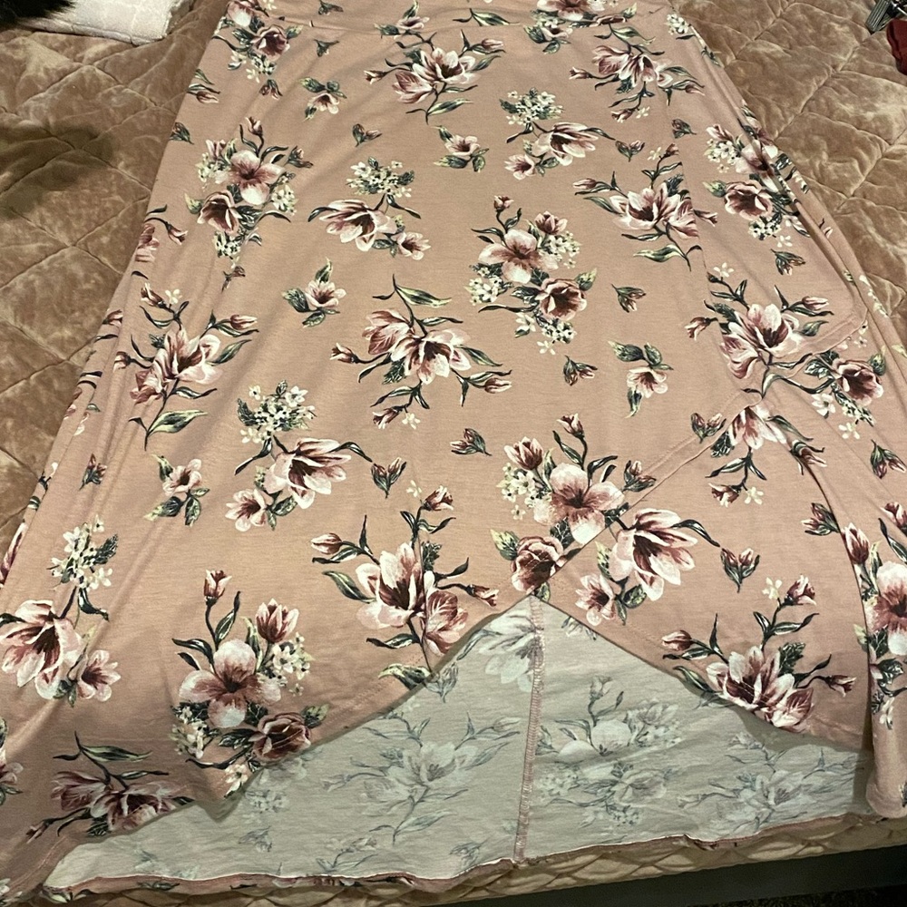 Neutral Floral High Low Faux Wrap Skirt